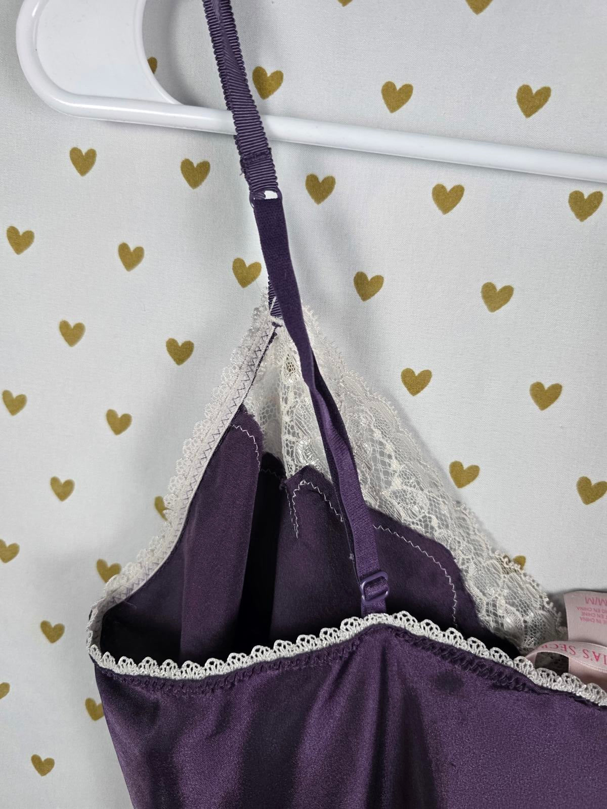 Victorias Secret Purple Satin Silky Slip Dress Lingerie Nightie Lace Lined Med
