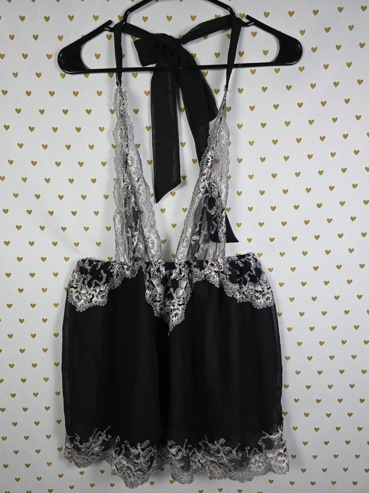 Victorias Secret Black Sexy Lace accent Sheer Nightie Lingerie Large Tie back