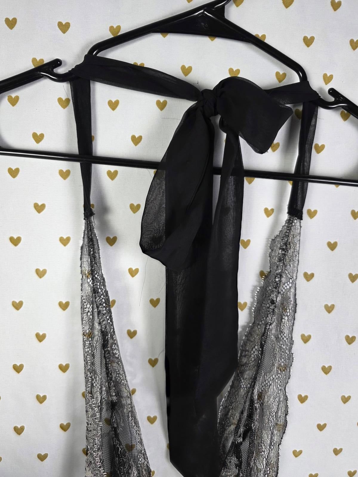 Victorias Secret Black Sexy Lace accent Sheer Nightie Lingerie Large Tie back