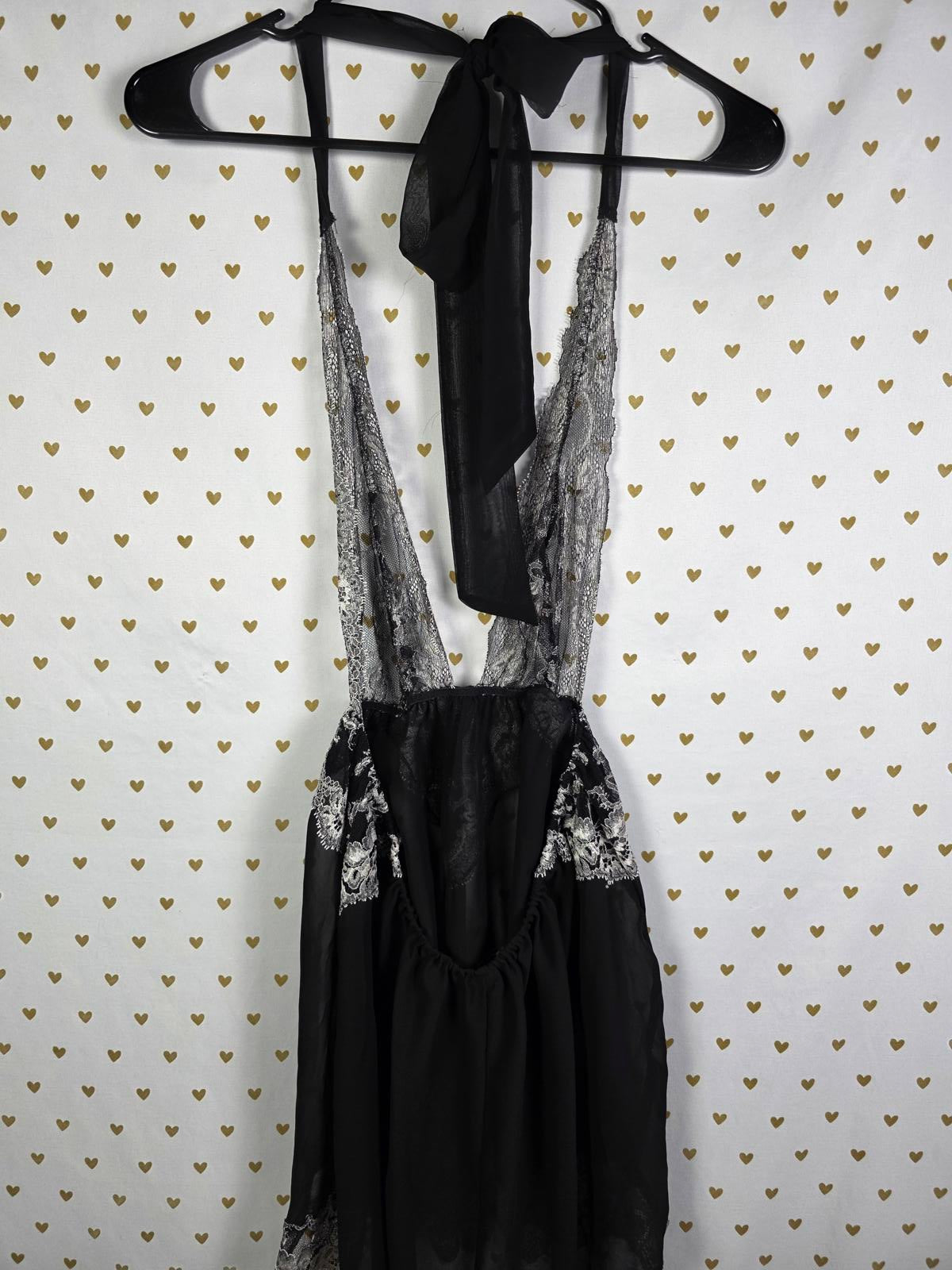 Victorias Secret Black Sexy Lace accent Sheer Nightie Lingerie Large Tie back