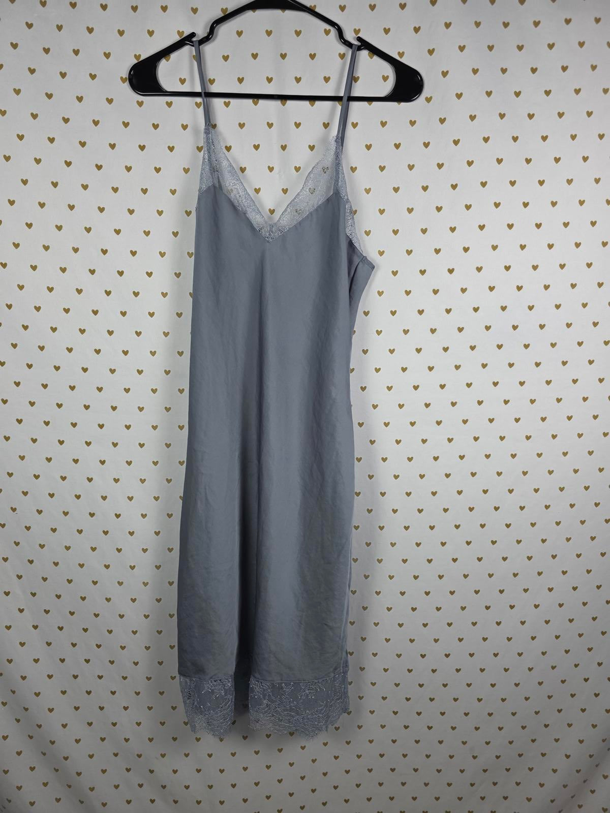 Victorias Secret Grey Long Satin Silky Slip Dress lace accent Medium Lingerie