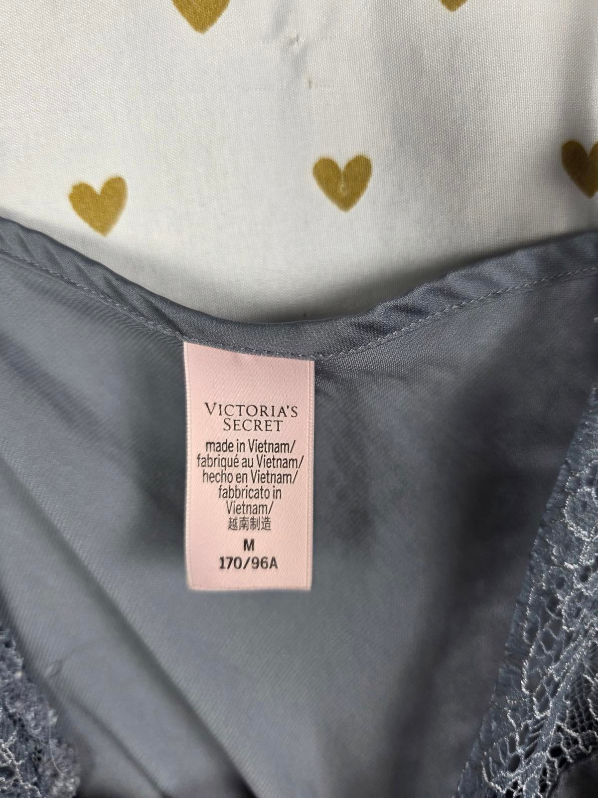 Victorias Secret Grey Long Satin Silky Slip Dress lace accent Medium Lingerie