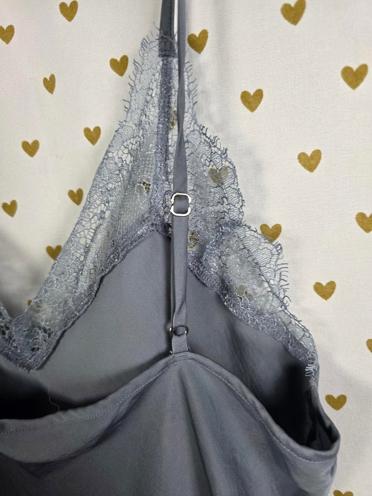 Victorias Secret Grey Long Satin Silky Slip Dress lace accent Medium Lingerie
