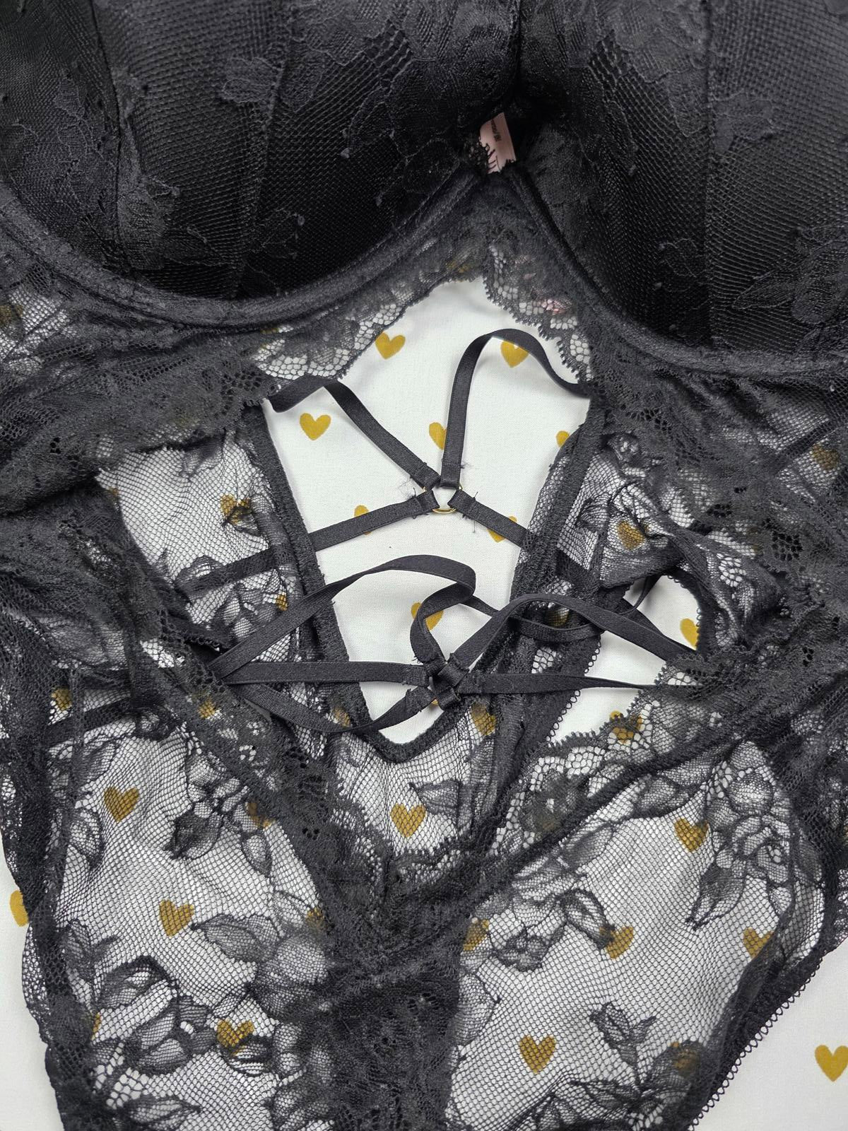 Victorias Secret Black Sheer Strappy Caged Teddy Bodysuit Thong 2XL XXL Snap