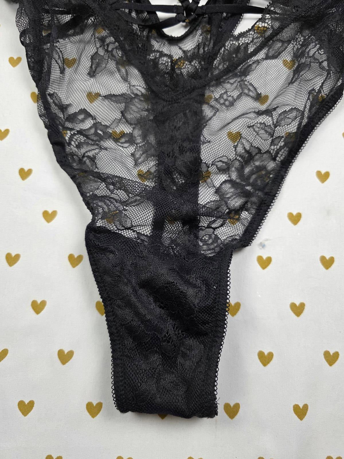 Victorias Secret Black Sheer Strappy Caged Teddy Bodysuit Thong 2XL XXL Snap