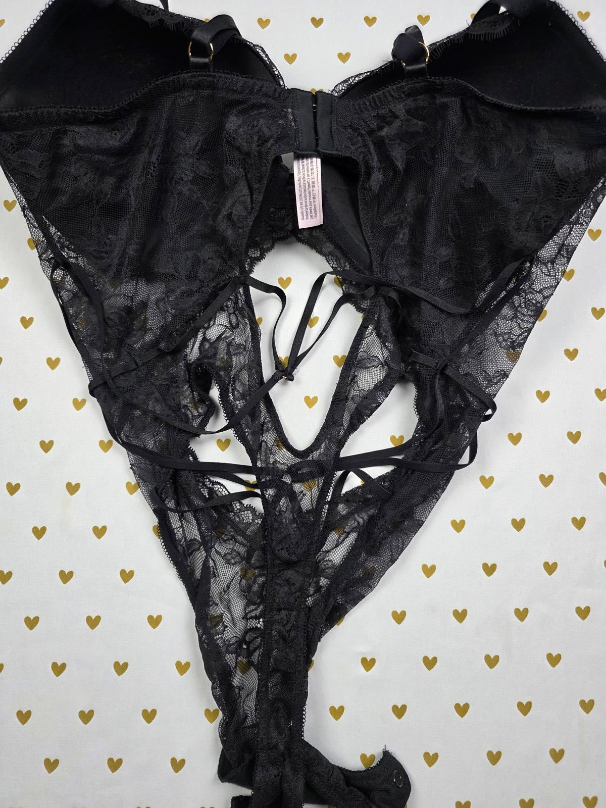 Victorias Secret Black Sheer Strappy Caged Teddy Bodysuit Thong 2XL XXL Snap