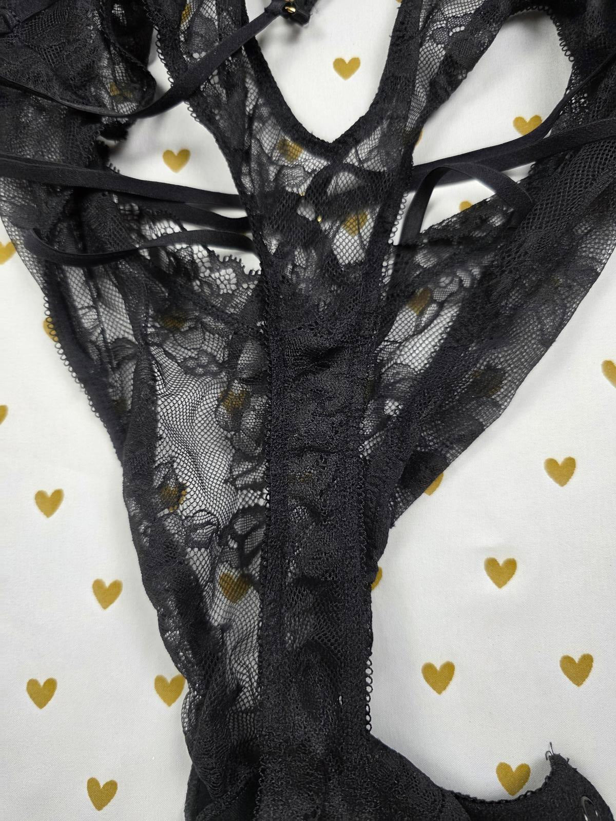 Victorias Secret Black Sheer Strappy Caged Teddy Bodysuit Thong 2XL XXL Snap
