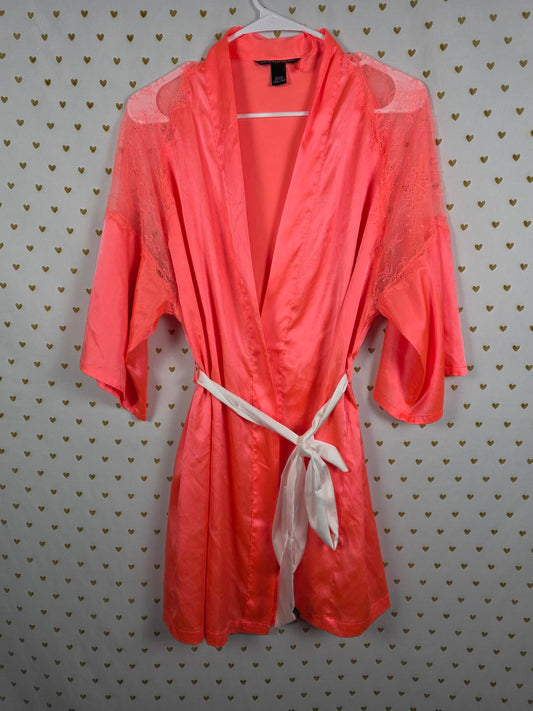 Victorias Secret Satin Silky Robe NEON Orange White Lace Cutout XS SMALL