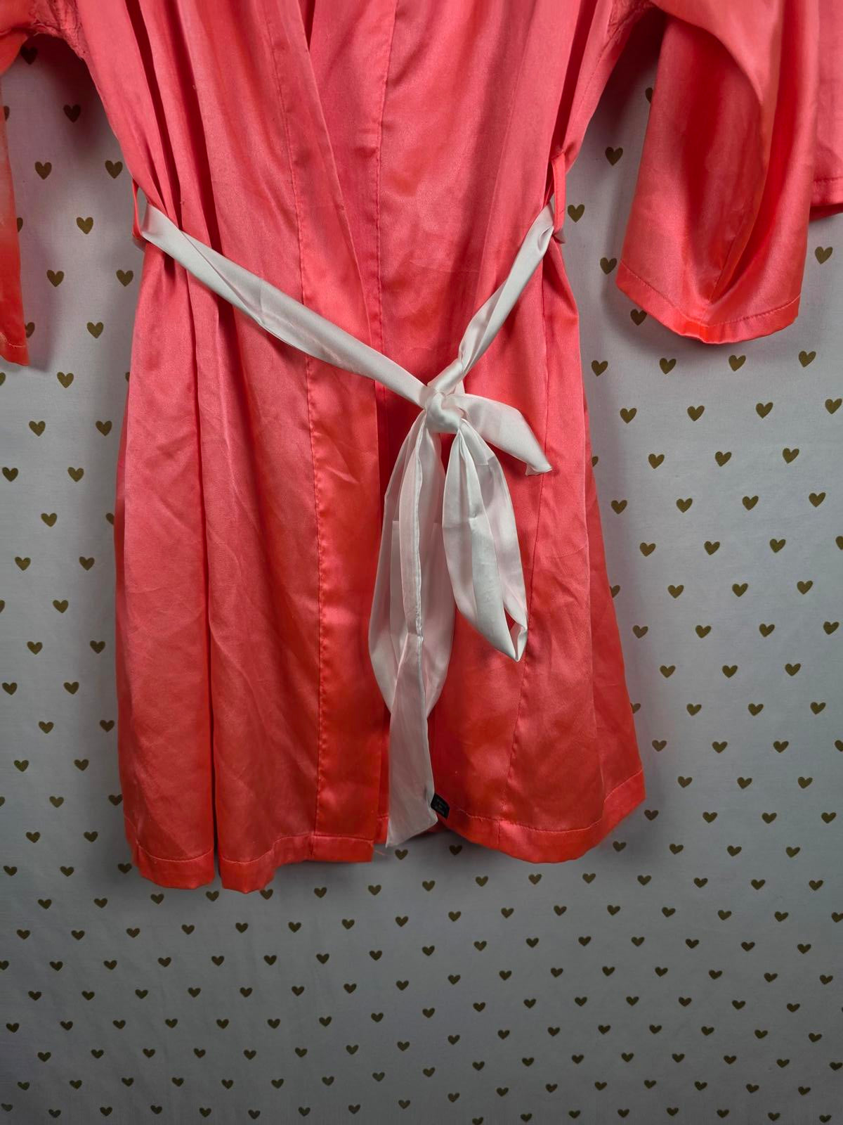 Victorias Secret Satin Silky Robe NEON Orange White Lace Cutout XS SMALL