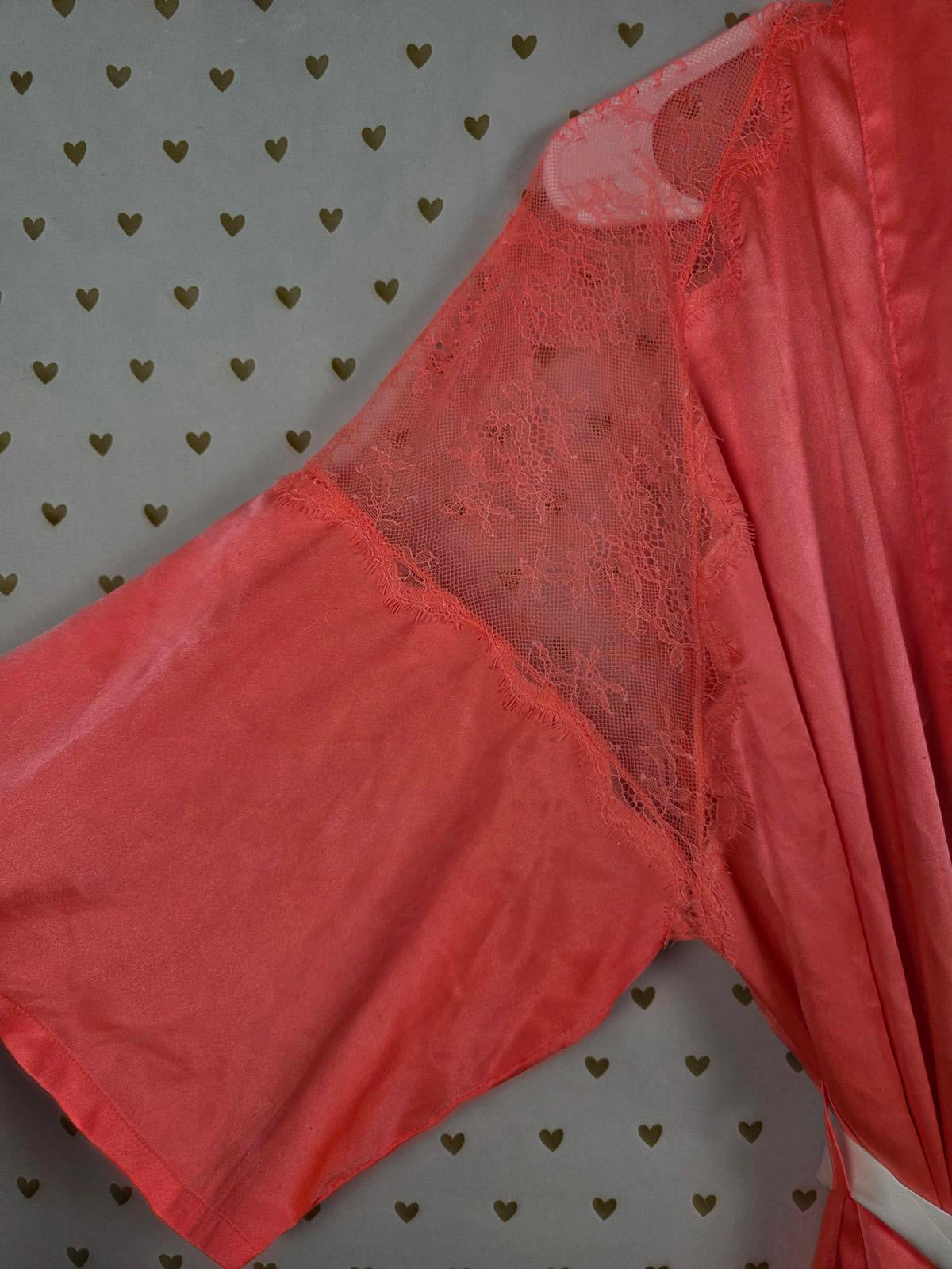 Victorias Secret Satin Silky Robe NEON Orange White Lace Cutout XS SMALL
