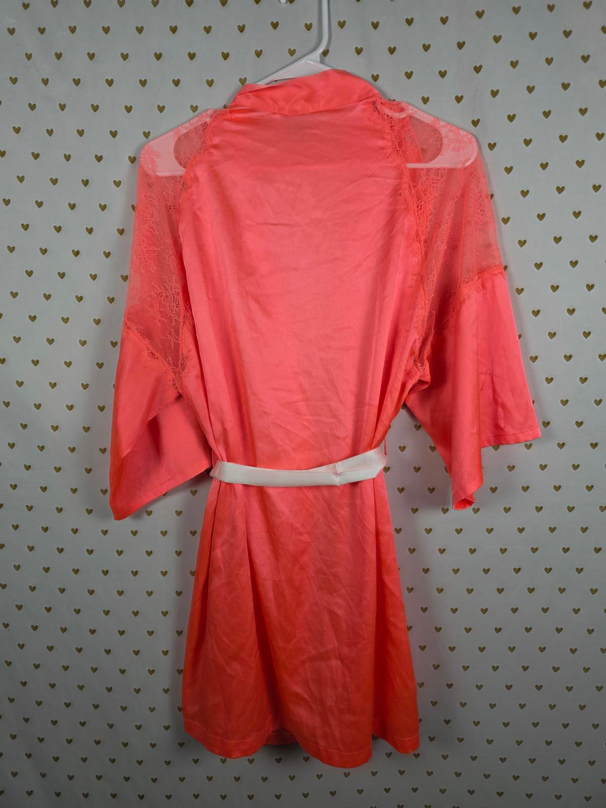 Victorias Secret Satin Silky Robe NEON Orange White Lace Cutout XS SMALL
