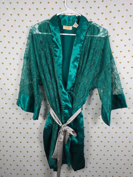 Victorias Secret Satin Silky Robe GOLD LABEL vintage GREEN Lace HTF ONE SIZE