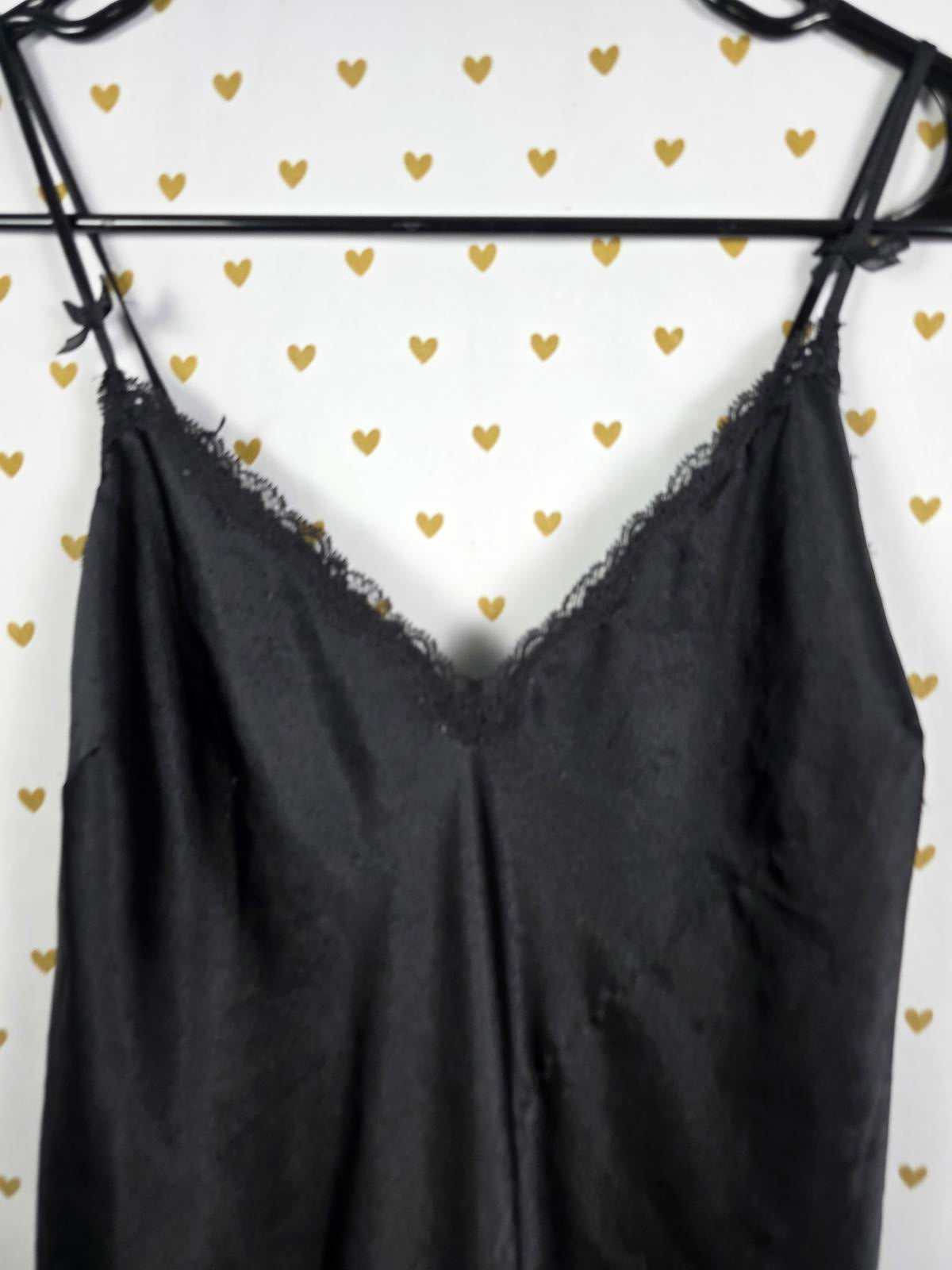 Victorias Secret Large BLACK Satin Silky Lace Accent Nightie Slip Dress Chemise