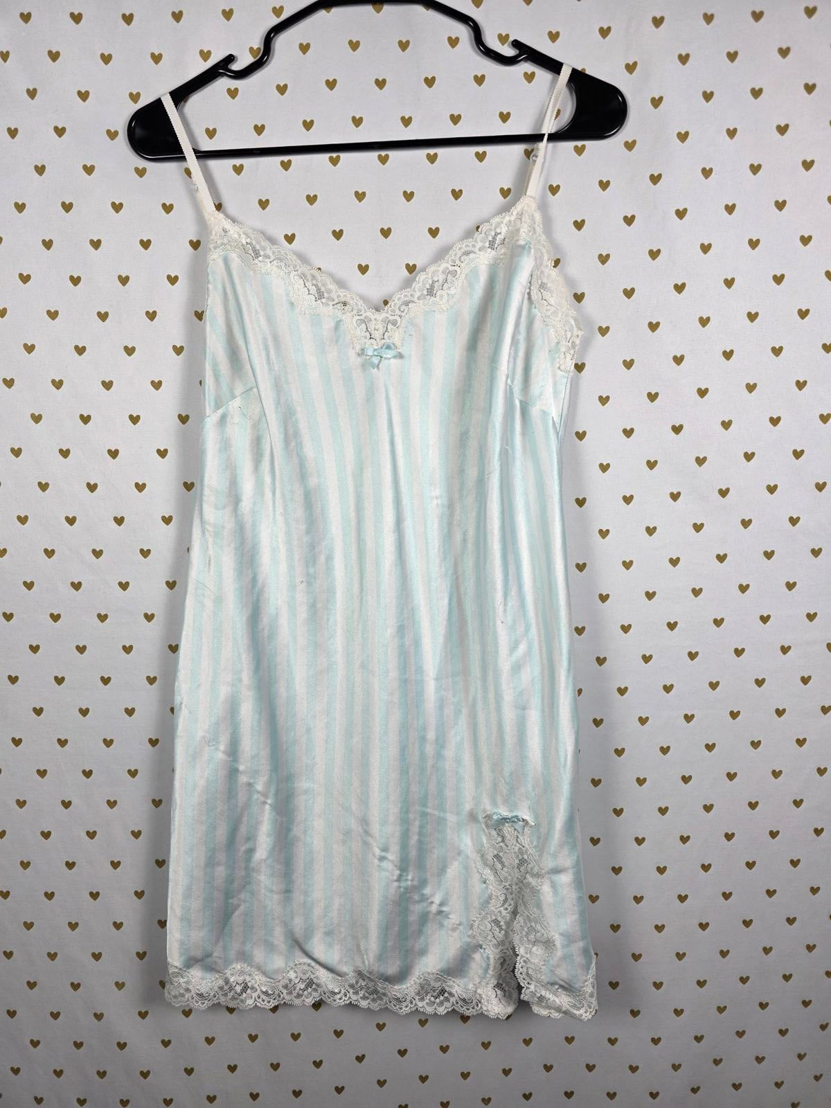 Victorias Secret SatIn Blue White STRIPED Slip Dress Nightie Lingerie Lace Large