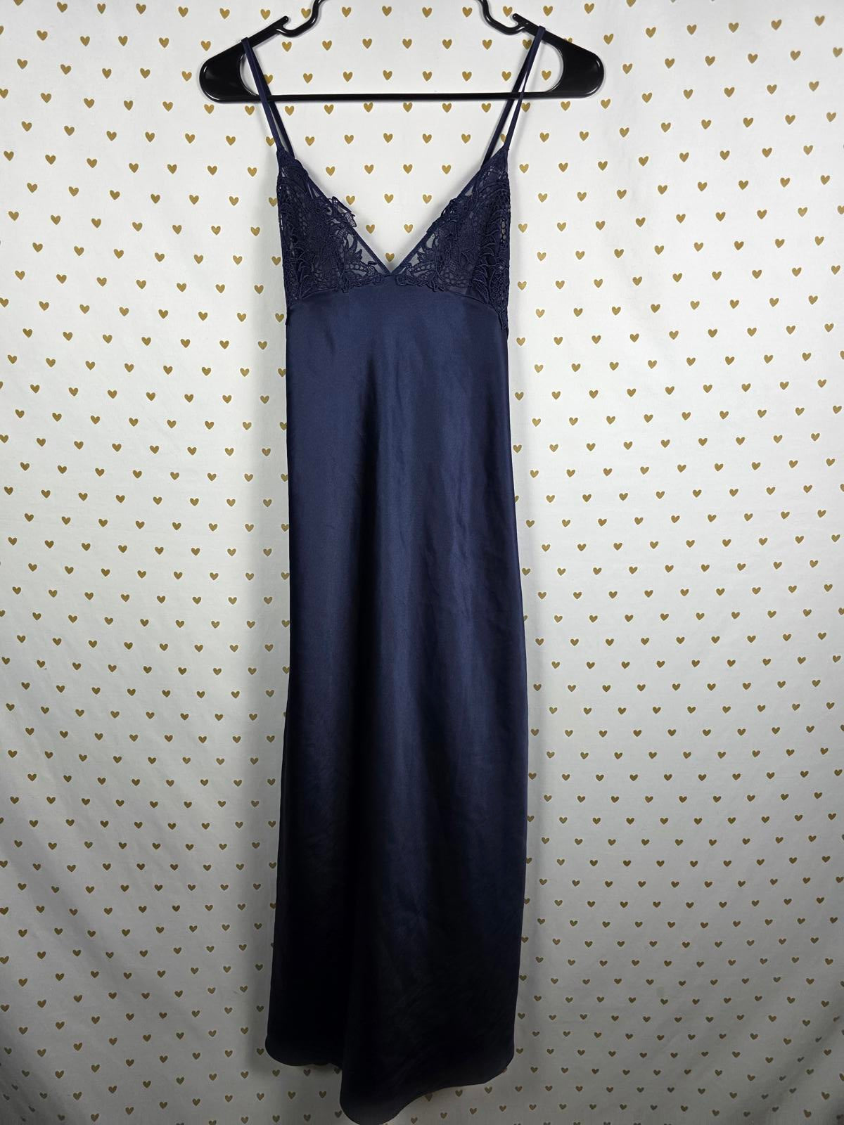 Victorias Secret LARGE Dark Blue Satin Maxi Silky Dress Full Length Sheer Side