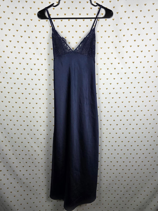 Victorias Secret LARGE Dark Blue Satin Maxi Silky Dress Full Length Sheer Side
