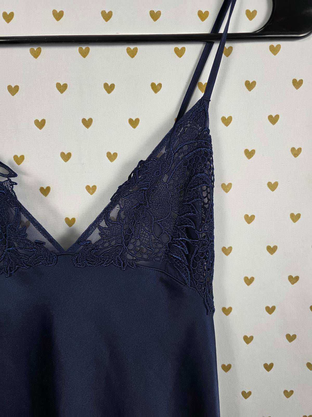 Victorias Secret LARGE Dark Blue Satin Maxi Silky Dress Full Length Sheer Side