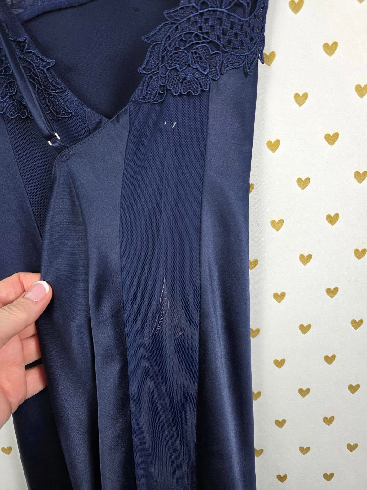 Victorias Secret LARGE Dark Blue Satin Maxi Silky Dress Full Length Sheer Side