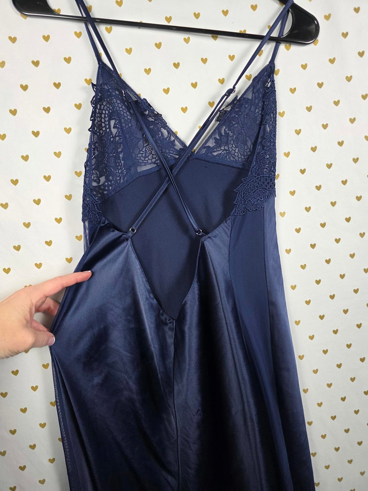 Victorias Secret LARGE Dark Blue Satin Maxi Silky Dress Full Length Sheer Side