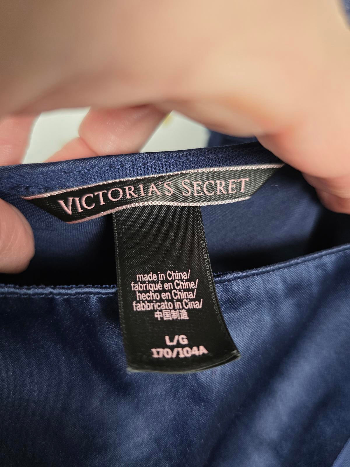 Victorias Secret LARGE Dark Blue Satin Maxi Silky Dress Full Length Sheer Side