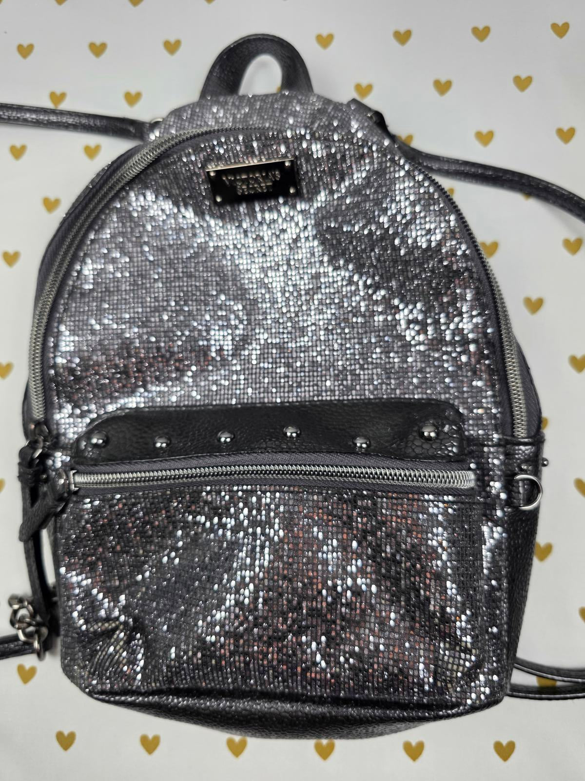 Victoria's Secret Black Studded Glitter Bling city Mini Purse Backpack EXC