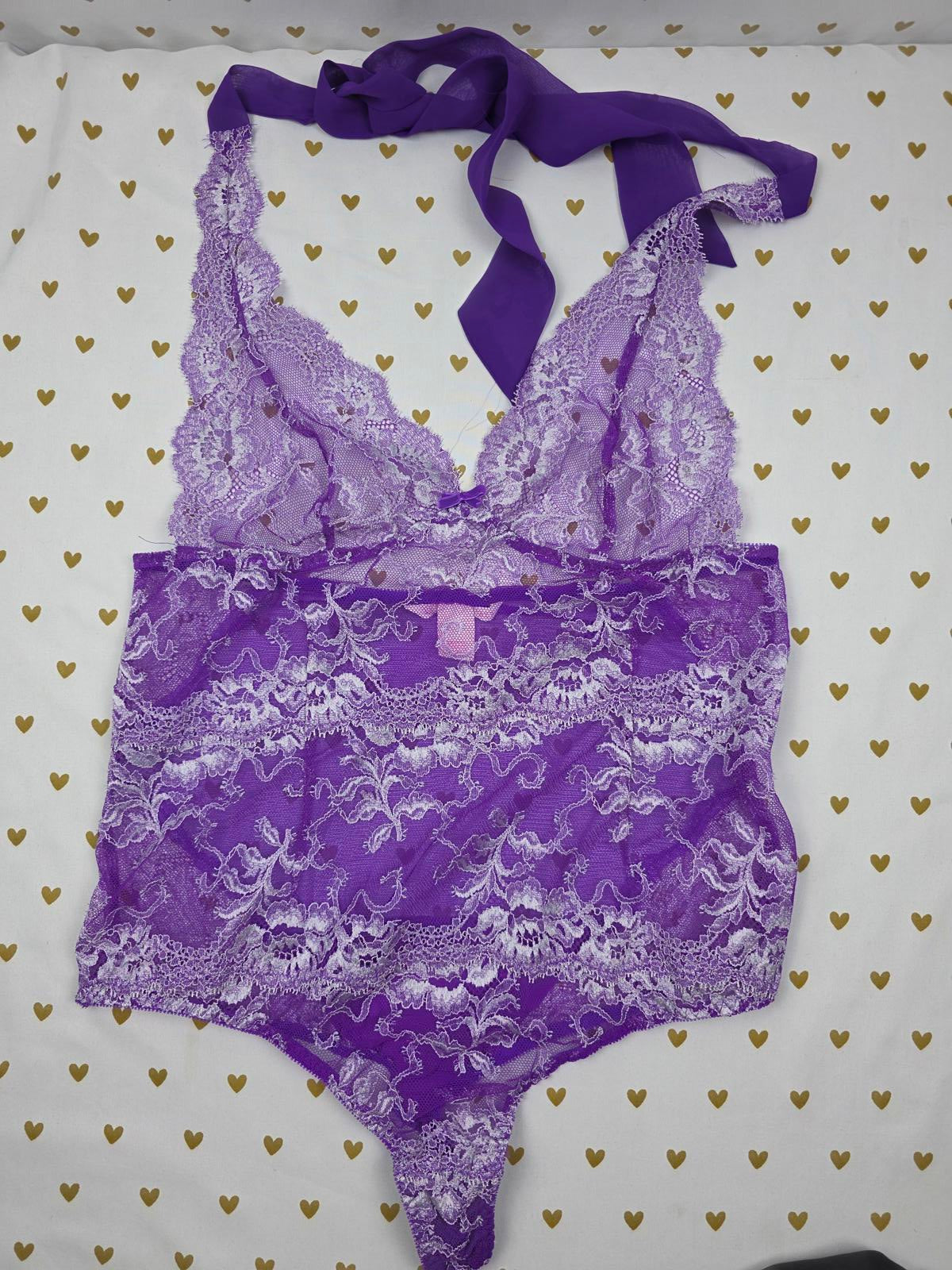 Victorias Secret Purple sheer Teddy Lingerie Bodysuit Thong Lace Large
