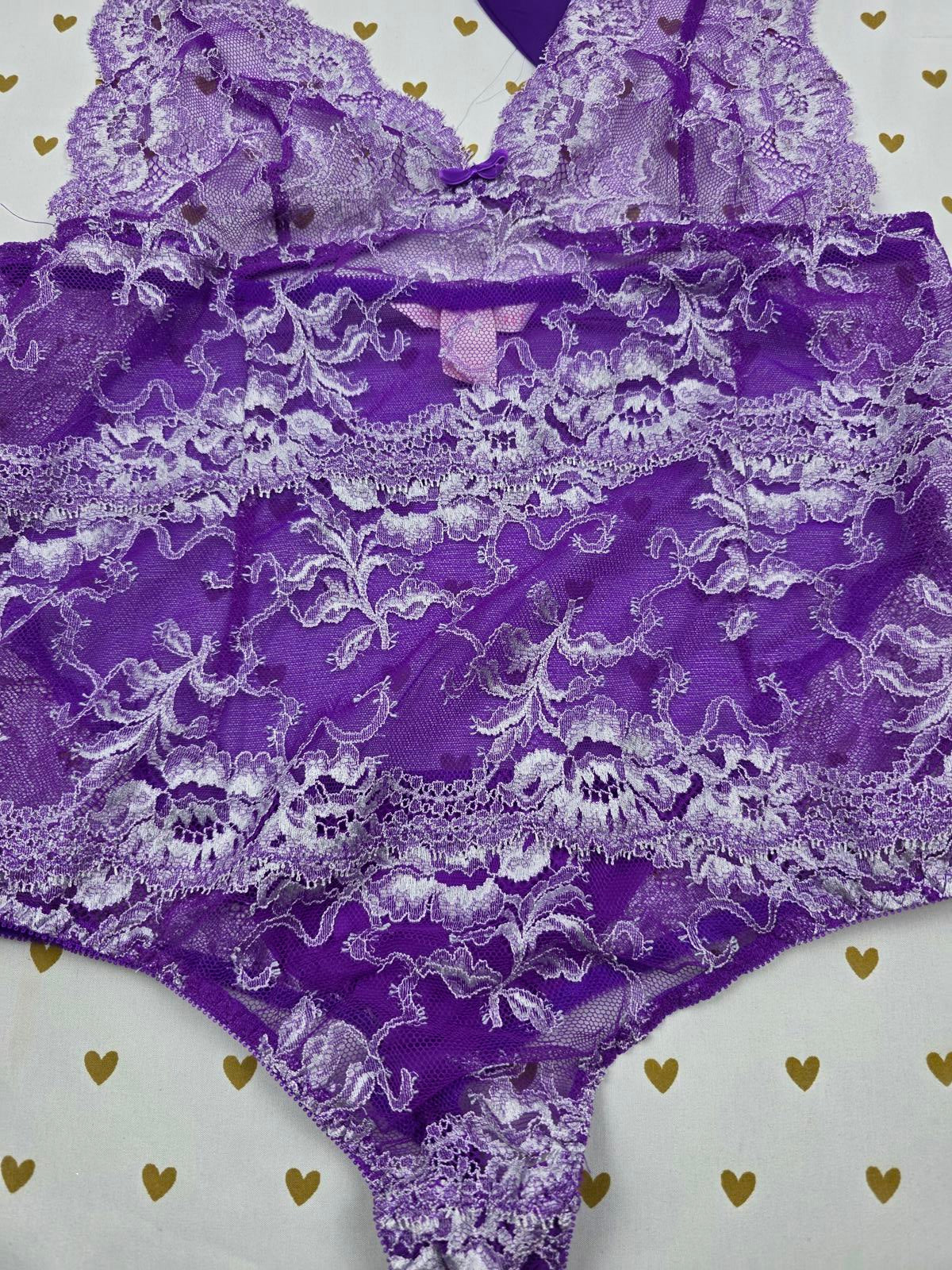 Victorias Secret Purple sheer Teddy Lingerie Bodysuit Thong Lace Large