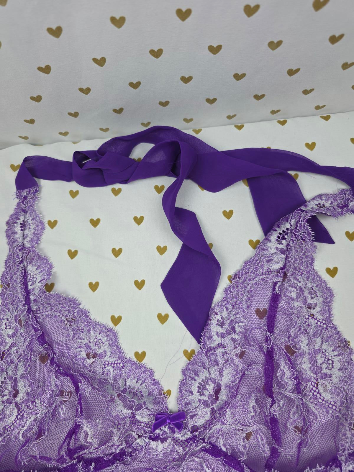 Victorias Secret Purple sheer Teddy Lingerie Bodysuit Thong Lace Large