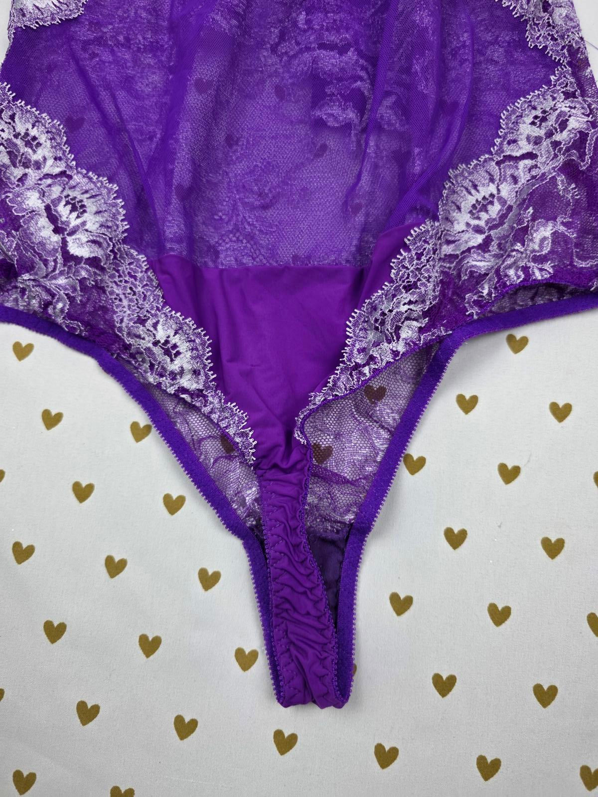 Victorias Secret Purple sheer Teddy Lingerie Bodysuit Thong Lace Large