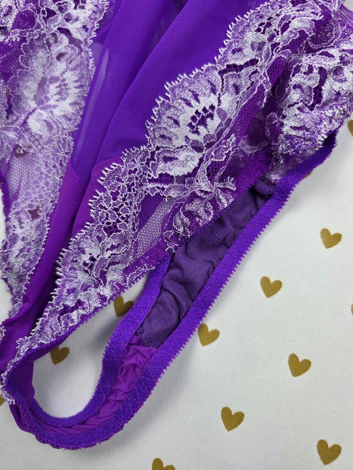 Victorias Secret Purple sheer Teddy Lingerie Bodysuit Thong Lace Large