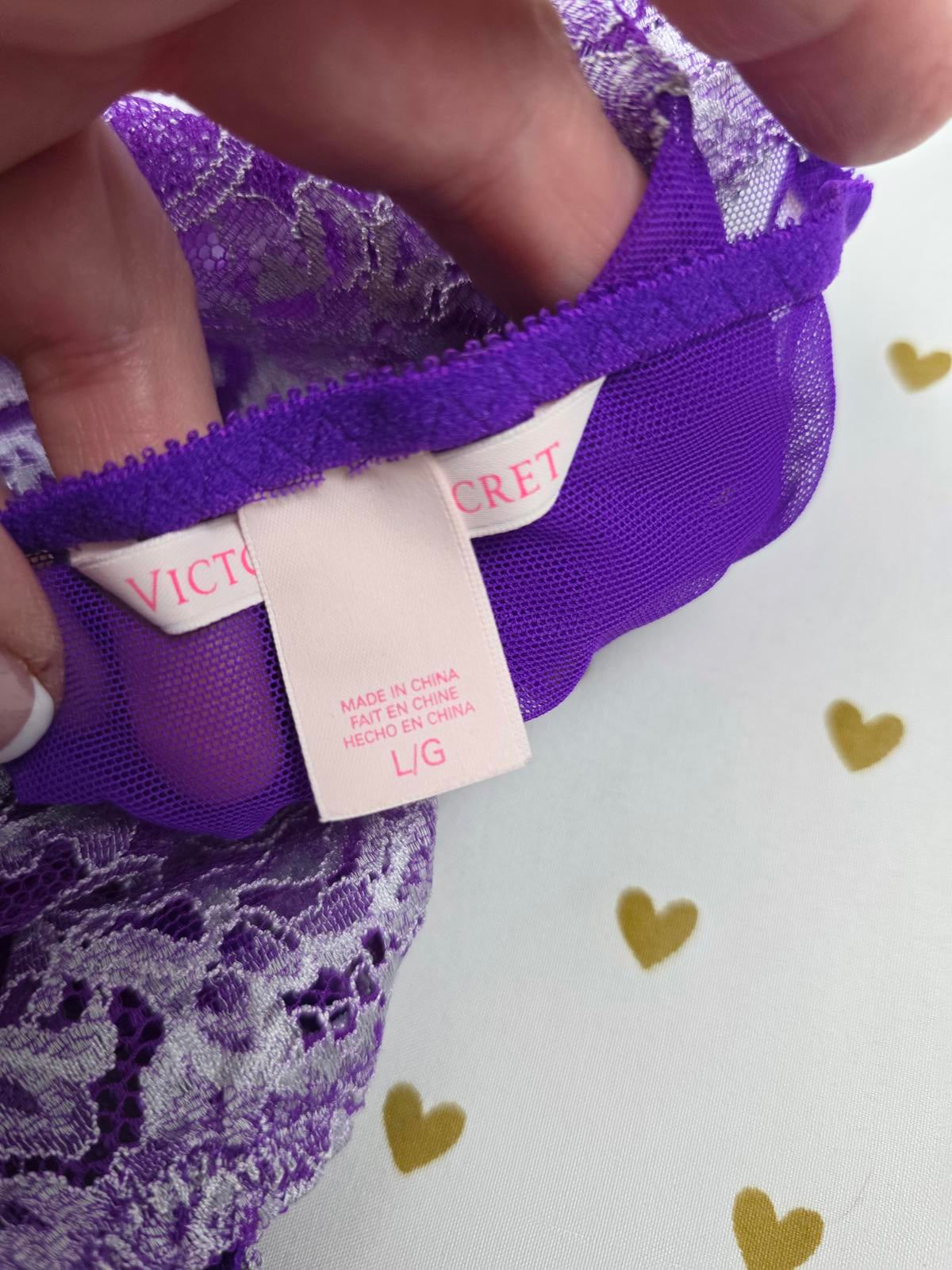 Victorias Secret Purple sheer Teddy Lingerie Bodysuit Thong Lace Large