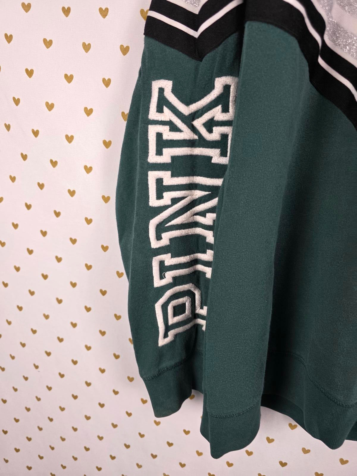 Victorias Secret Pink Logo Sleeve Chevron Green Sweater Crew SMALL