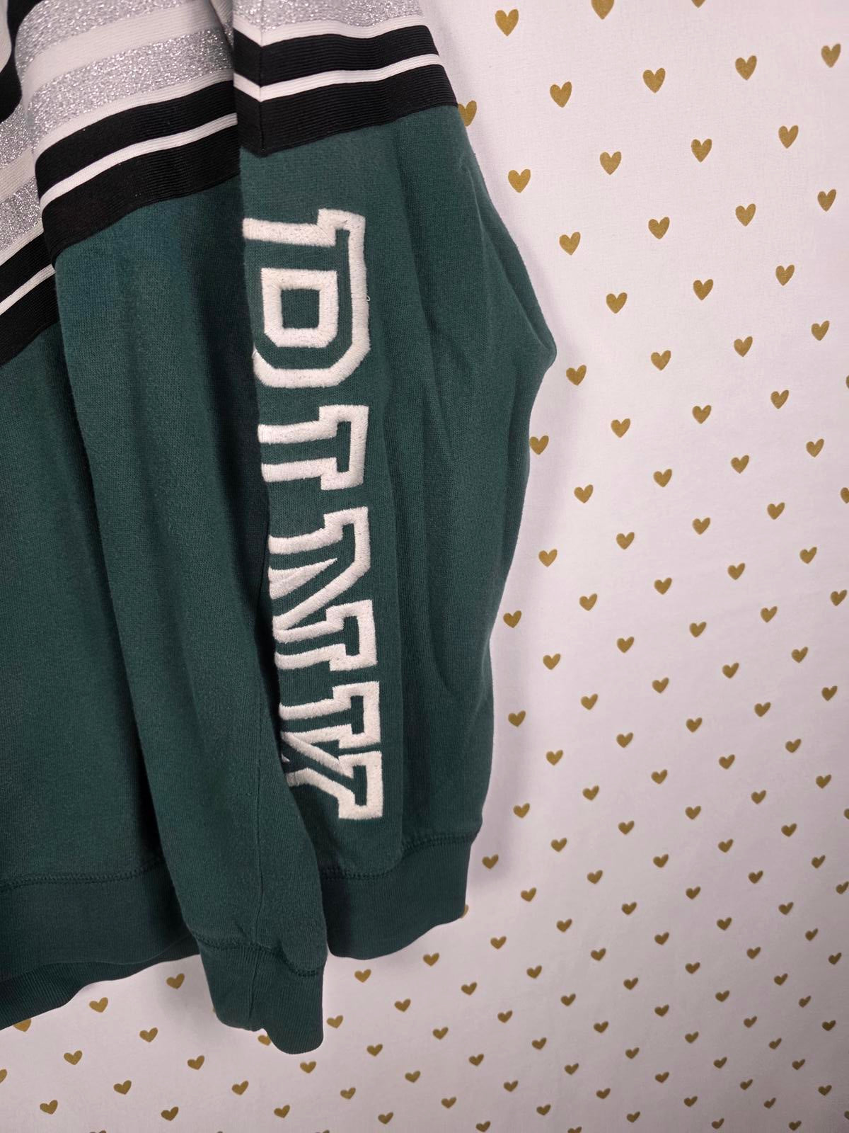 Victorias Secret Pink Logo Sleeve Chevron Green Sweater Crew SMALL