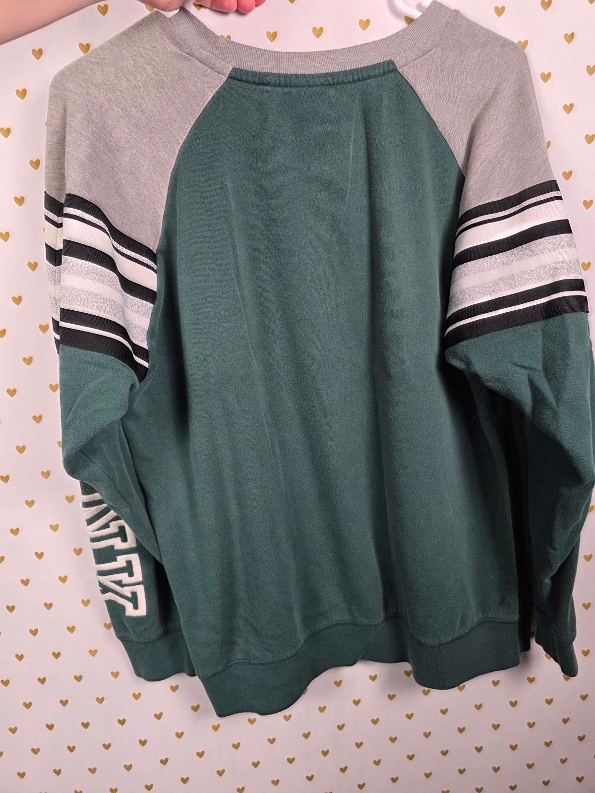 Victorias Secret Pink Logo Sleeve Chevron Green Sweater Crew SMALL
