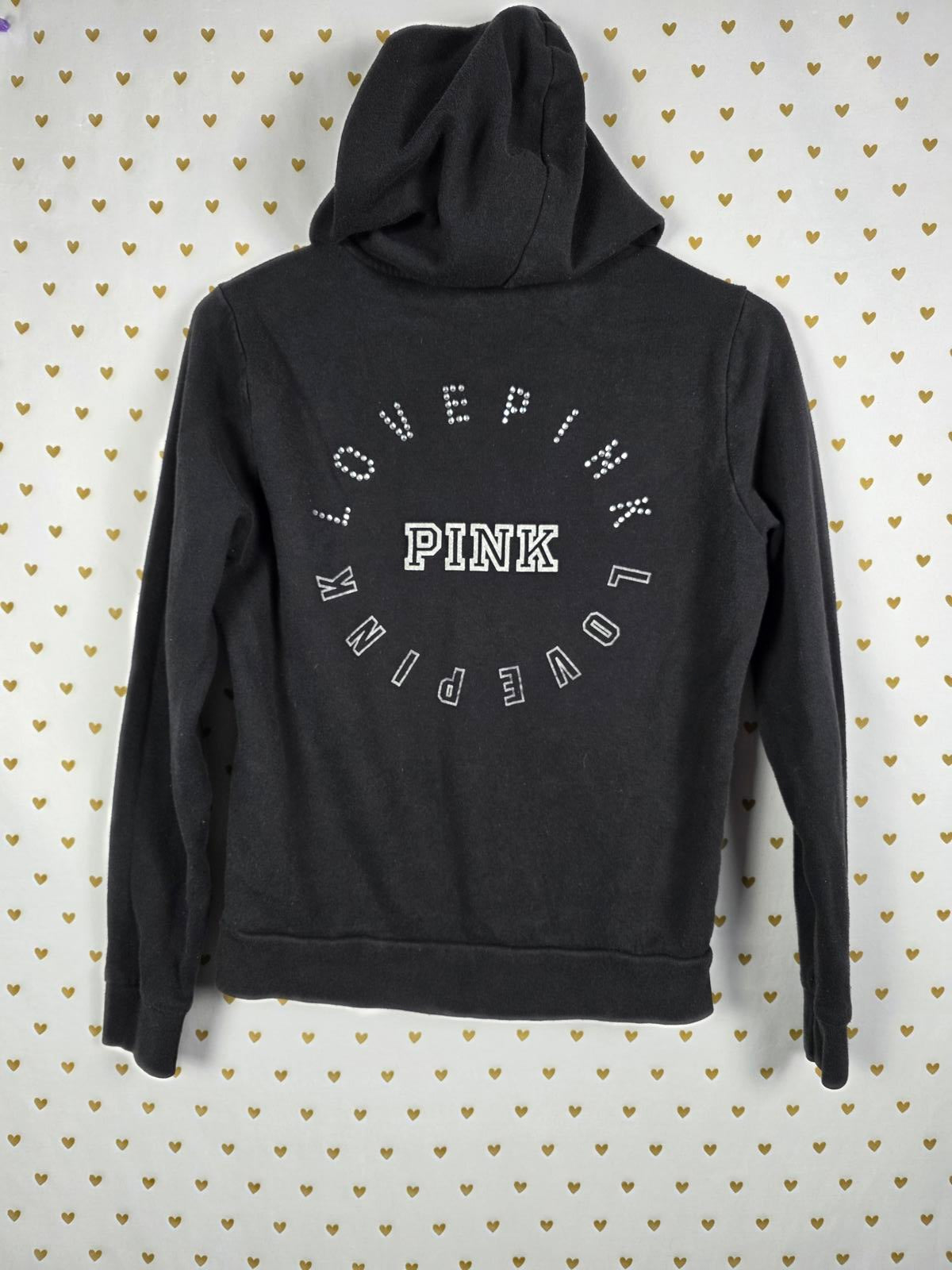 Victorias Secret Pink Bling Full Zip Hoodie Jacket Black Rhinestone Logo XS
