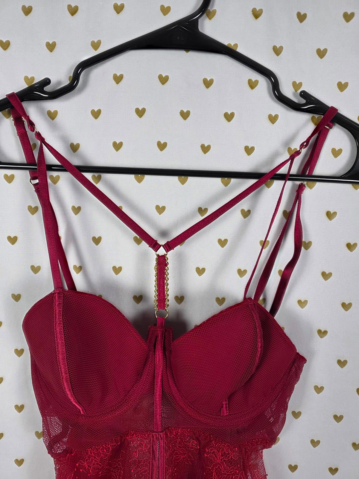 Victoria's Secret Sexy Red Lace Gold Chain Roman Goddess Chemise Nightie 34B