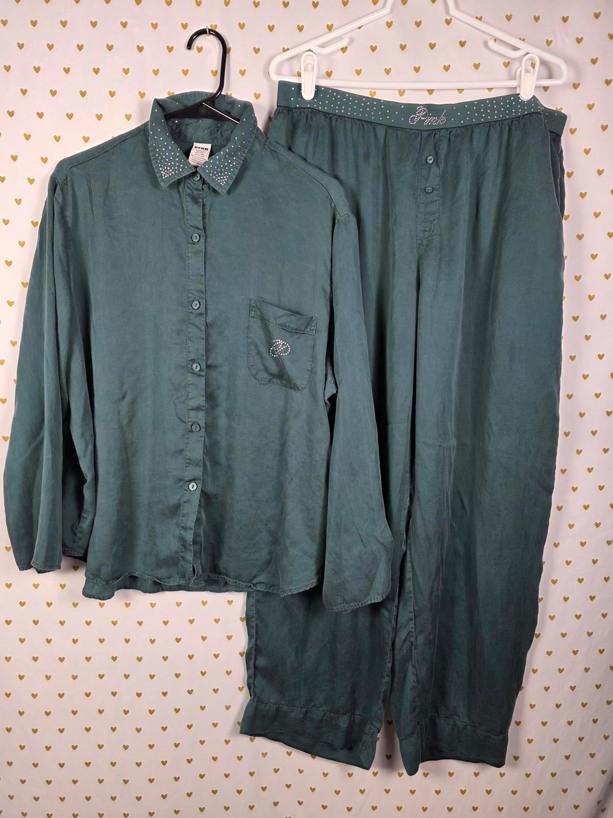 Victorias Secret PINK Green Silky Sleep Shine Long Pajama Set Bling XL 2pc
