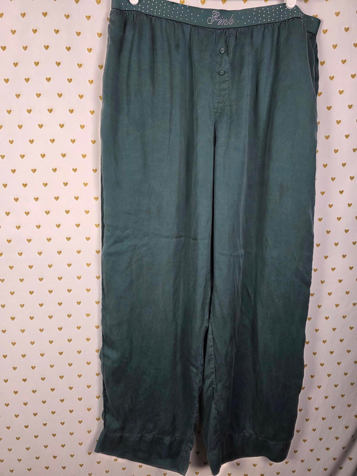 Victorias Secret PINK Green Silky Sleep Shine Long Pajama Set Bling XL 2pc