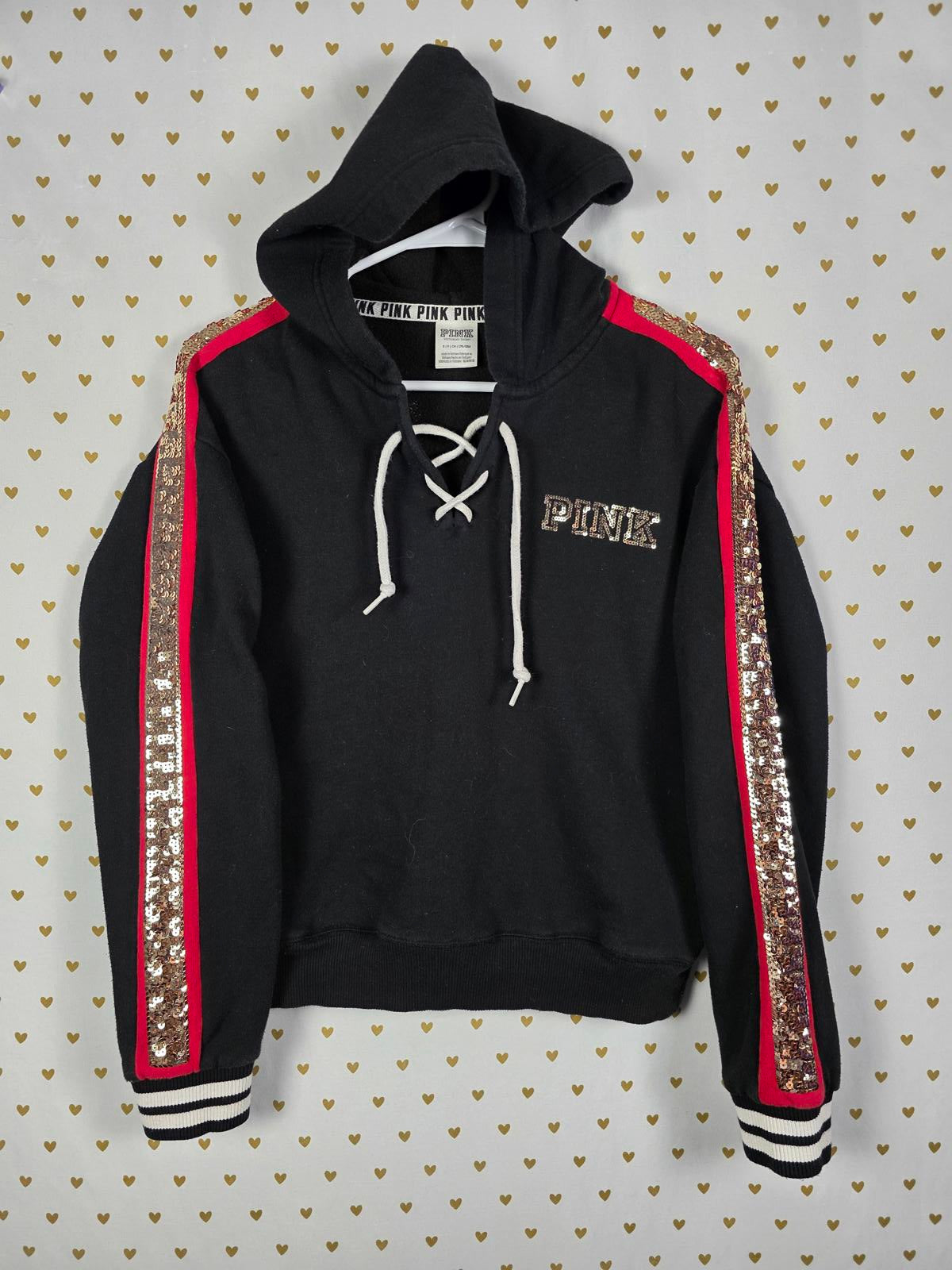 Victorias Secret Pink BLING Special Edition ROSE Sequined Hoodie Sweater Small