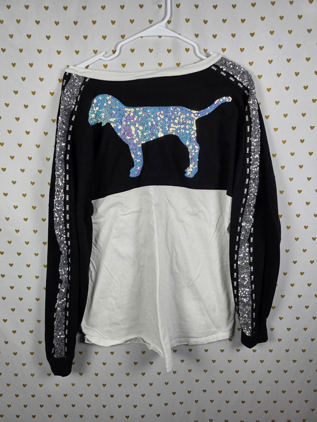 Victorias Secret PINK BLING Mermaid Sequined Long Sleeve Oversized dog Logo Tee