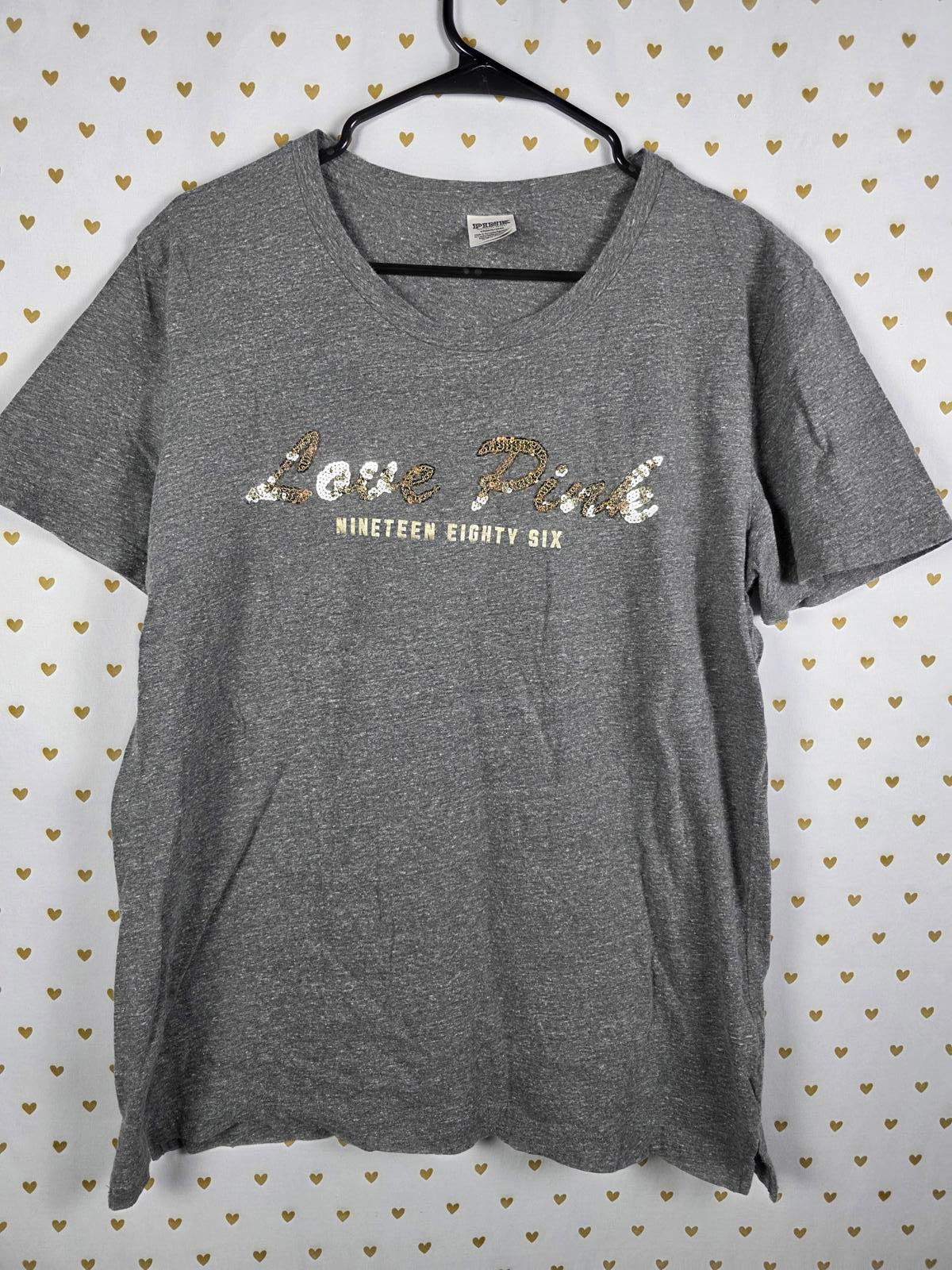Victorias Secret PINK LOVE Gold Bling Tee shirt Sequined Large Grey