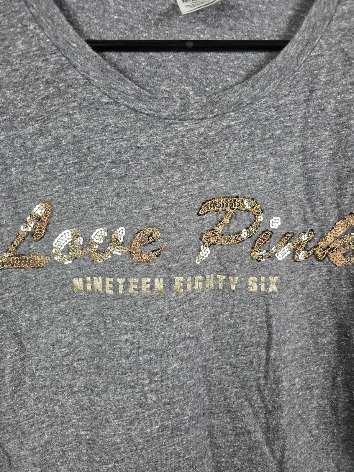Victorias Secret PINK LOVE Gold Bling Tee shirt Sequined Large Grey