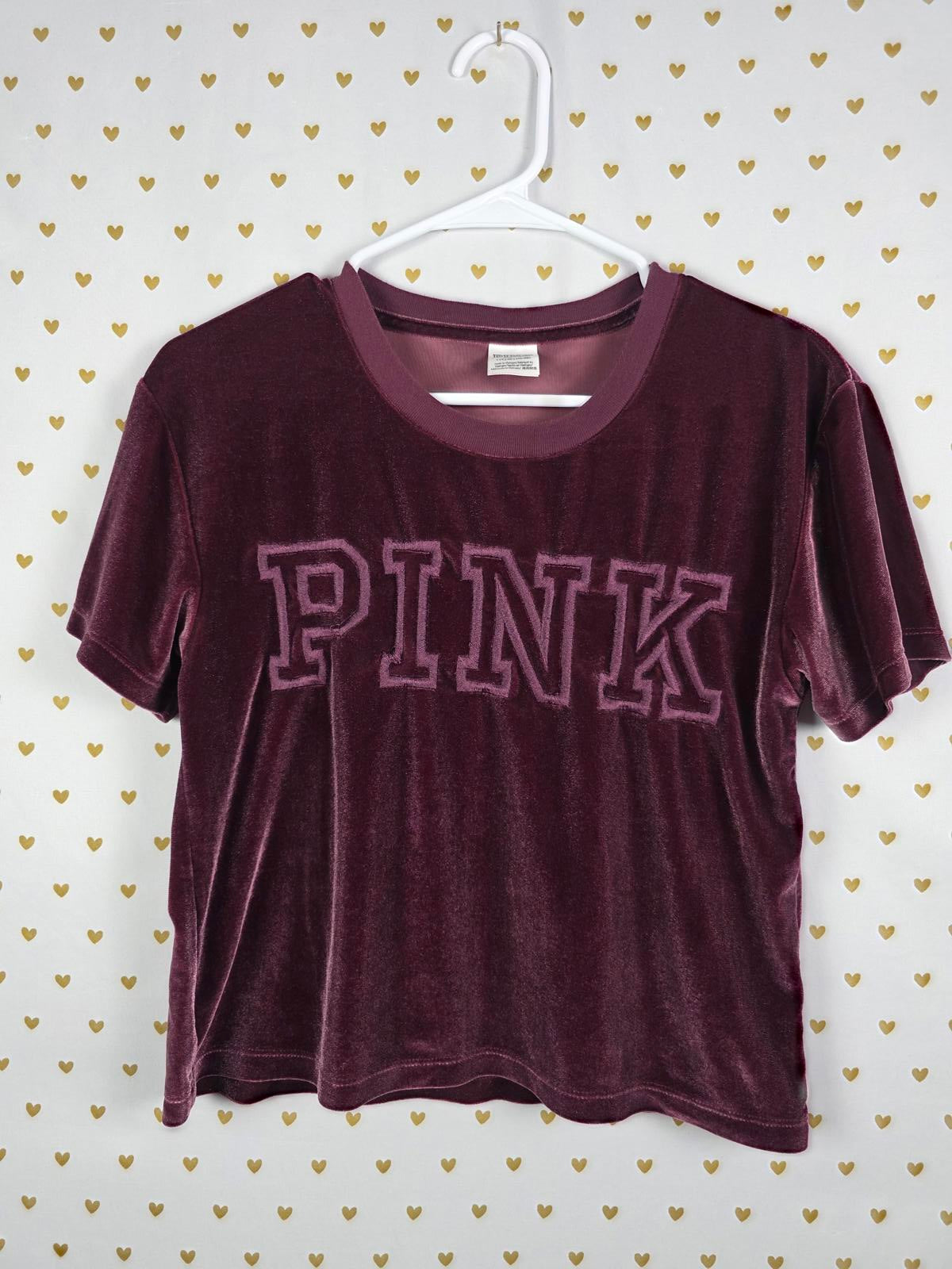 Victorias Secret PINK Cropped Maroon VELOUR Embroidered Tee Shirt Small