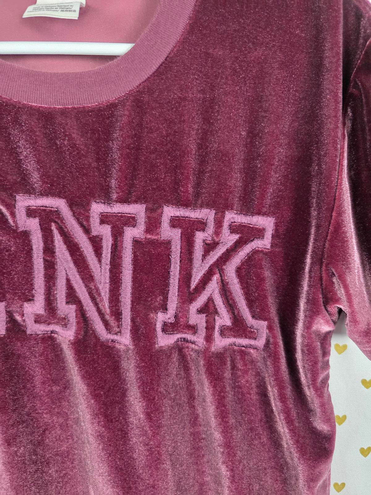 Victorias Secret PINK Cropped Maroon VELOUR Embroidered Tee Shirt Small