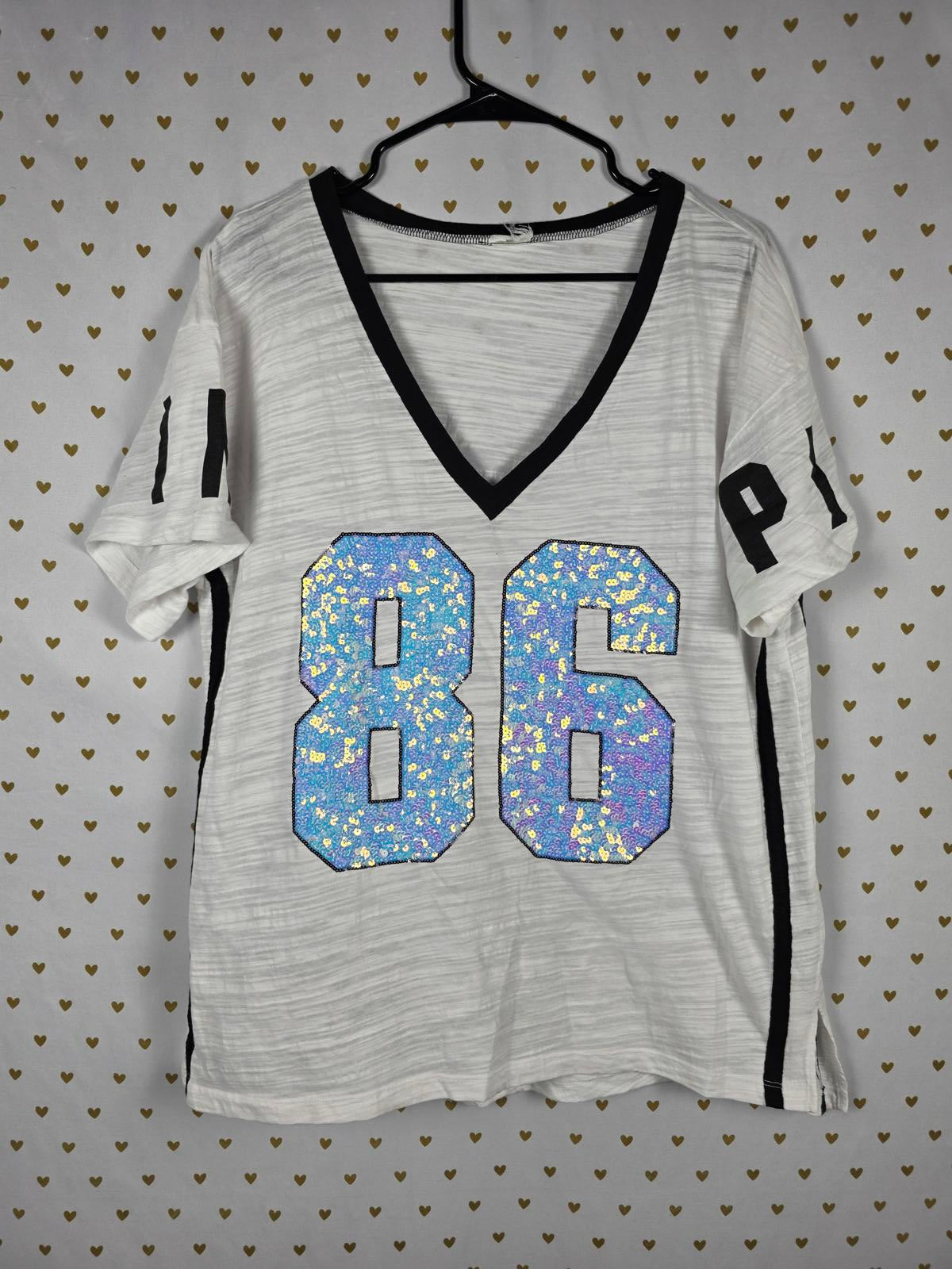 Victorias Secret PINK MERMAID BLING 86 V neck Tee SHIRT XL 86 White