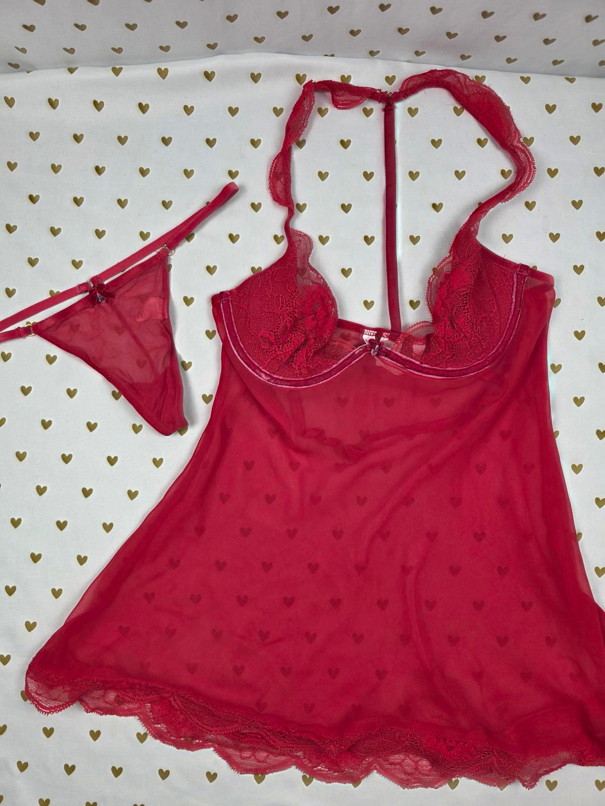 Victorias Secret Red VINTAGE SILK Babydoll Lingerie Nightie SET Thong 34B SMALL
