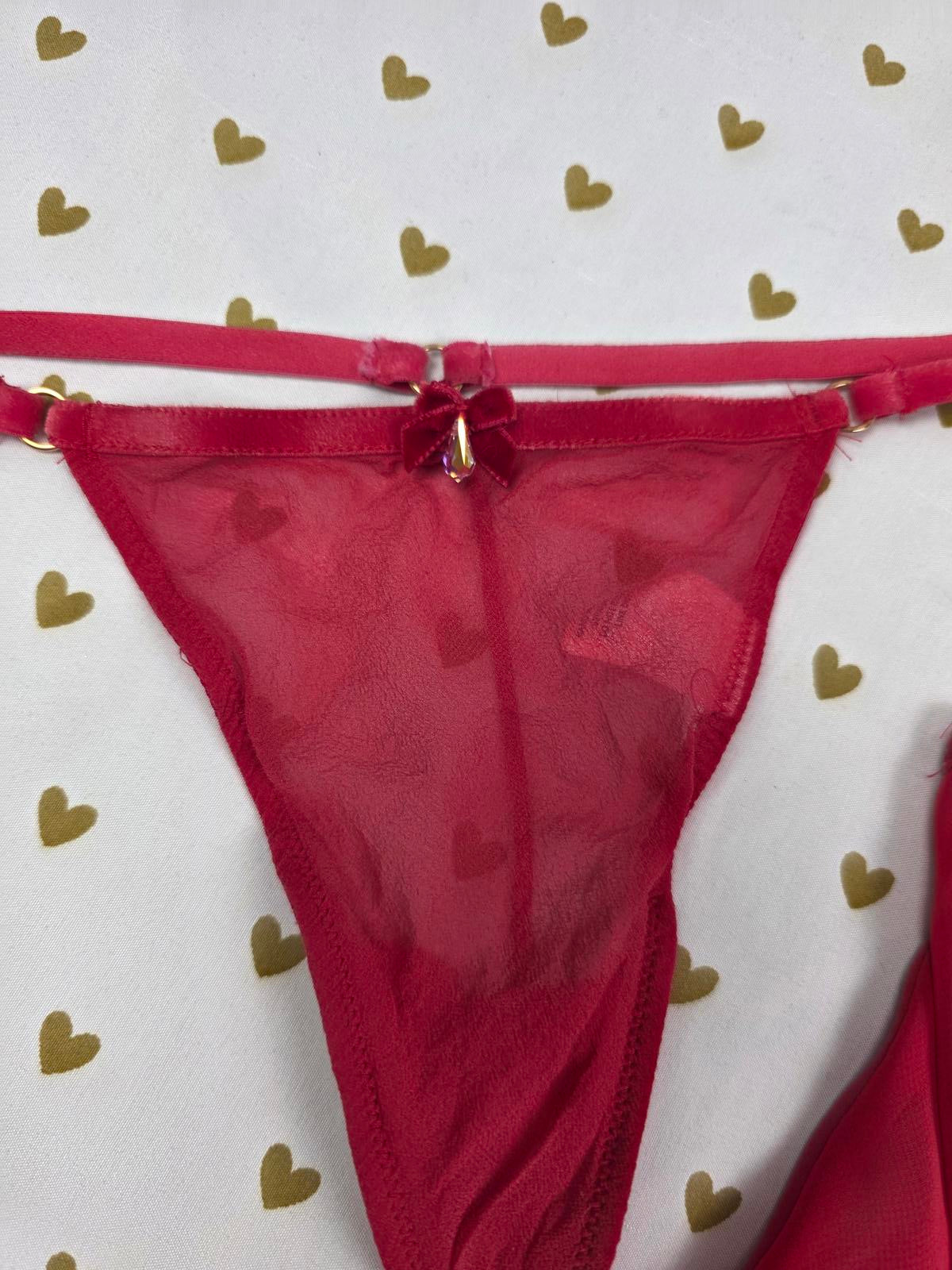 Victorias Secret Red VINTAGE SILK Babydoll Lingerie Nightie SET Thong 34B SMALL