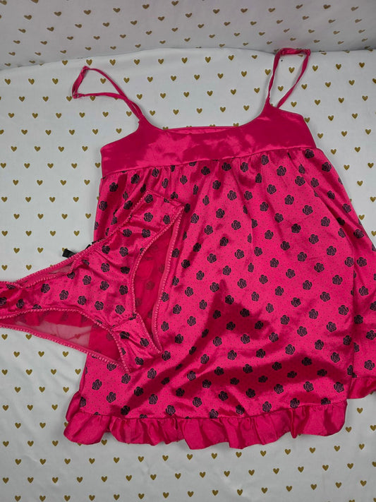 SEXY LITTLE THINGS Polka Dot Satin Lingerie Babydoll SET Small Roses 2pc