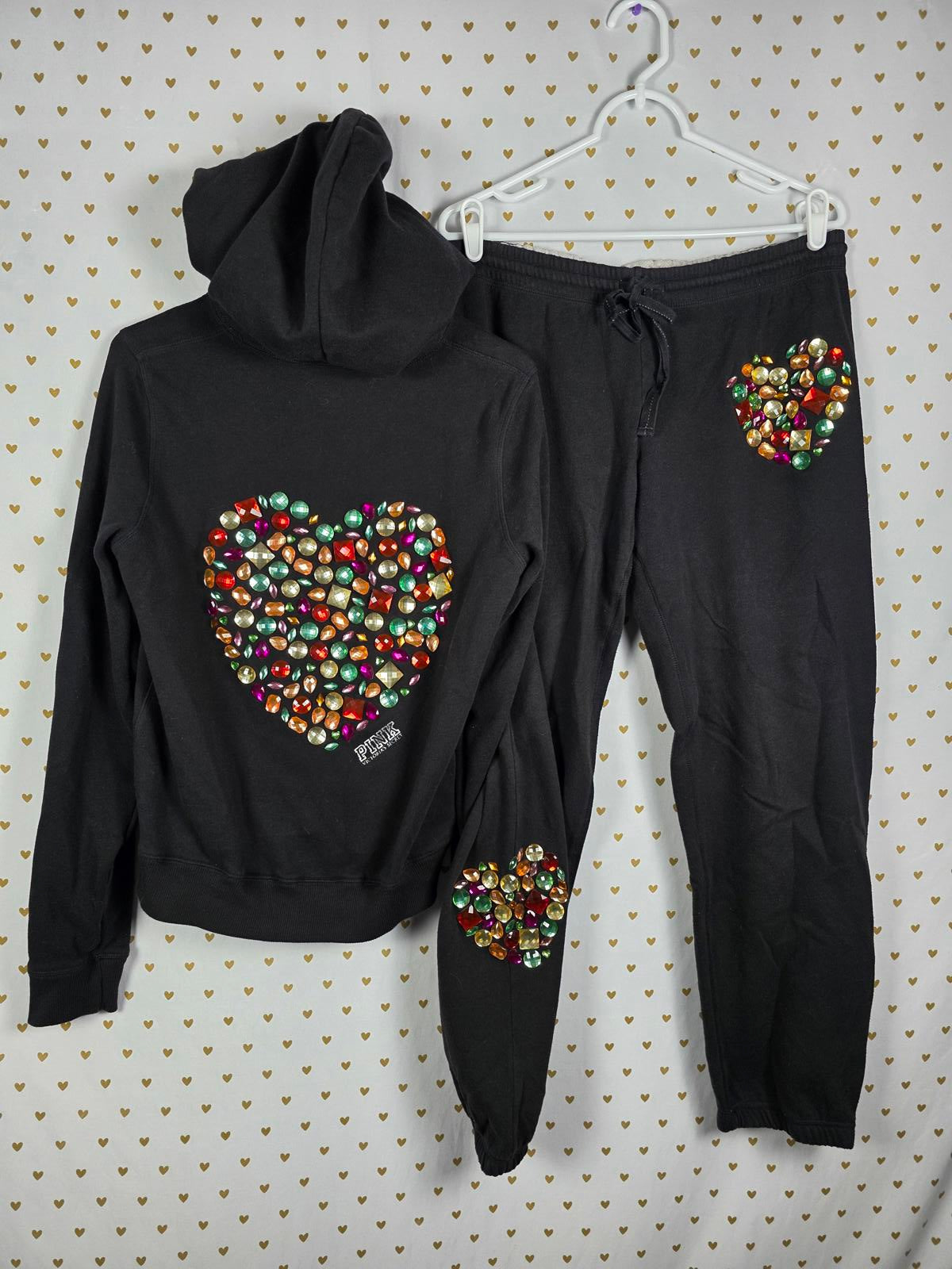 Victorias Secret Pink RARE BLING Jeweled SET Hoodie Sweats Logo Butt Gems MEDIUM