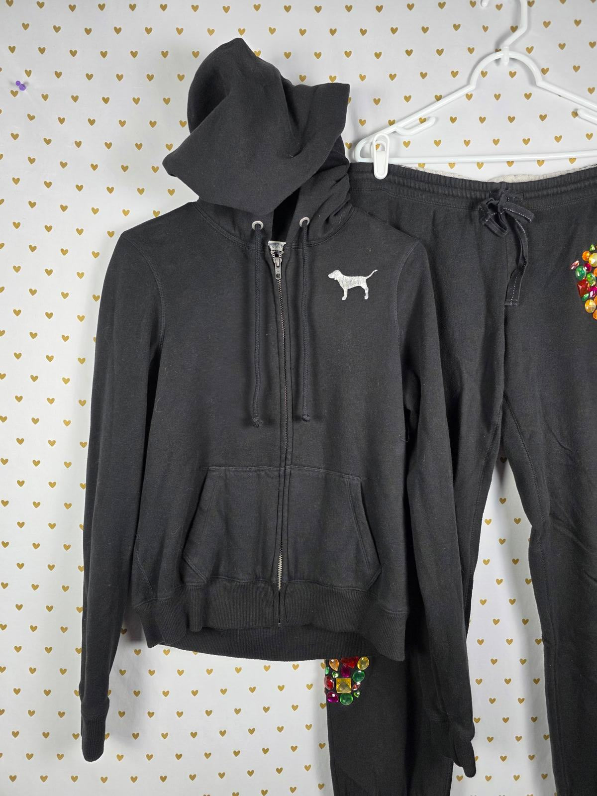 Victorias Secret Pink RARE BLING Jeweled SET Hoodie Sweats Logo Butt Gems MEDIUM